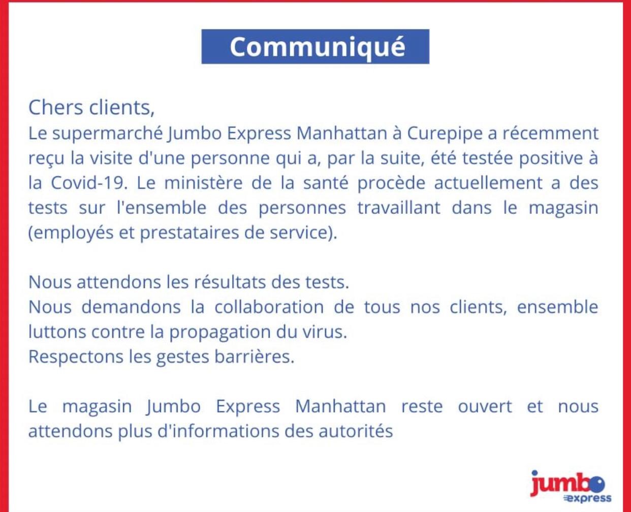 Communiqué – Jumbo Express Manhattan – beSafeMoris